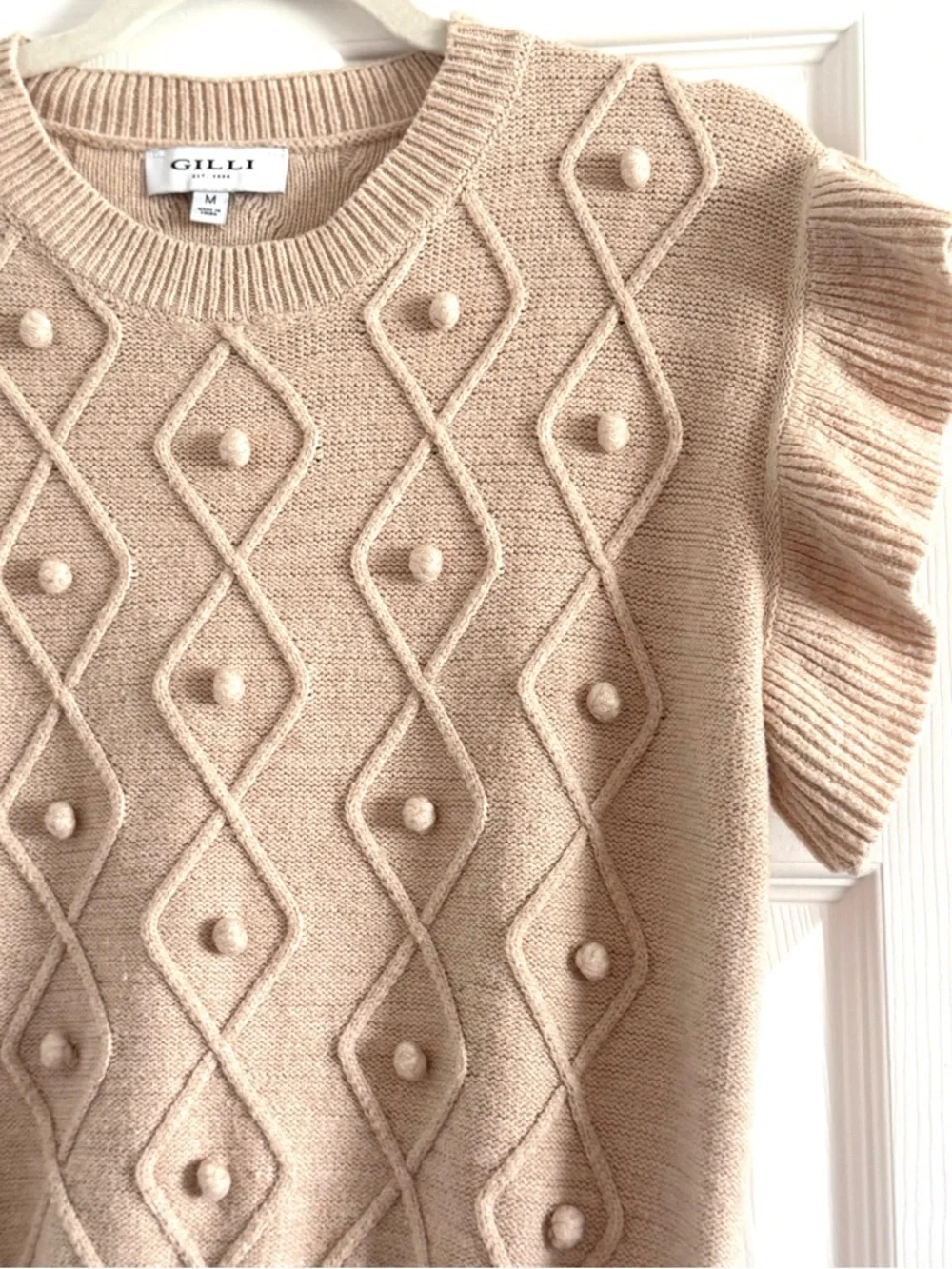 Gilli Cream Ruffle Sleeve Pom Pom Sweater Top Medium